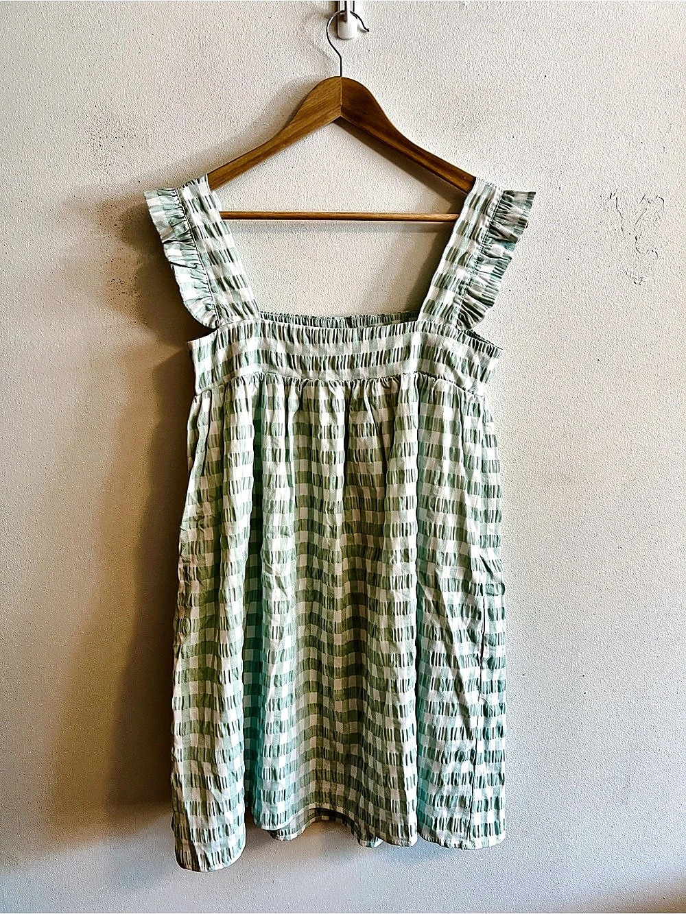 STORIA Gingham Ruffle Strap Dress in Green & White